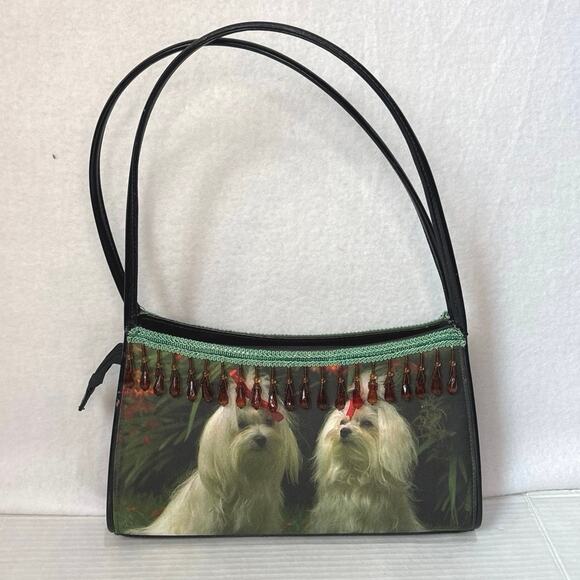 Christmas, Festive Maltese Dog Gold Tassel Beads Tote, Shoulder & Hand Bag - Picture 1 of 9